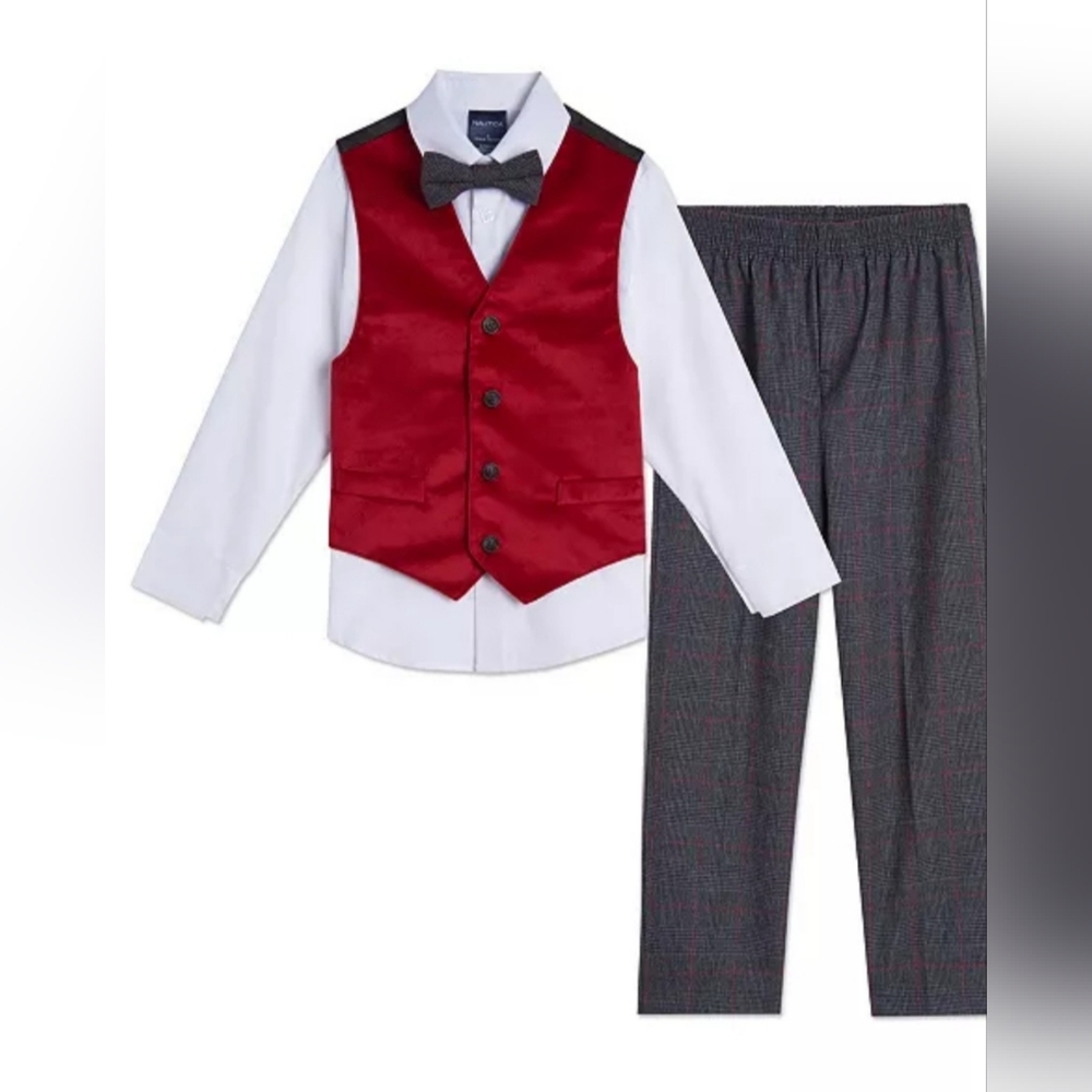 Nautica Little Boys Velvet 4 Piece Vest Set Red